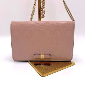 Auth Gucci Wallet On Chain Pink Beige Bow Guccisima Leather Gold Chain Strap Ex+